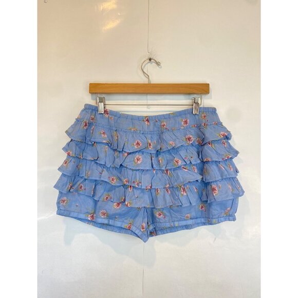 Free People Ruffle Up Bloomer Shorts Size Medium Blue Floral Elastic Waist New - Picture 2 of 7